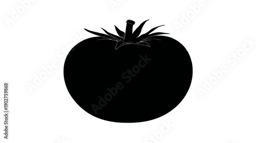 Black Tomato Silhouette with Stem and Leaves Isolated on White Background. Fresh Healthy Vegetable Icon for Design.