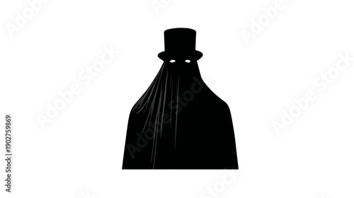 Eerie Black Silhouette of a Mysterious Shrouded Figure in a Top Hat with Glowing Eyes on White Background