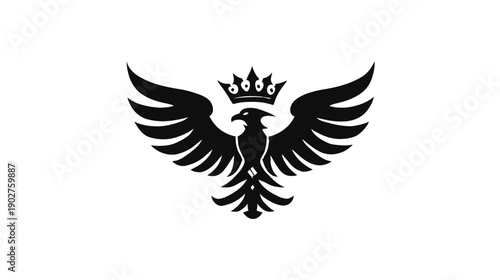 Majestic black crowned eagle or phoenix graphic symbol with spread wings. Powerful regal bird icon on a clean white background.