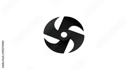 Abstract Black Four-Bladed Propeller Icon, Modern Geometric Swirl Symbol on White Background for Technology or Industry
