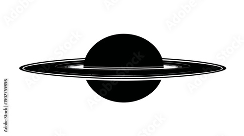 Minimalist black planet with rings on a white background, representing space, cosmos, and celestial bodies
