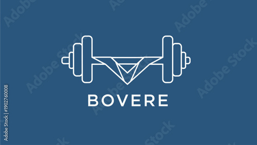 Minimalist line art logo featuring dumbbells and an abstract geometric symbol, symbolizing fitness, strength, and a healthy lifestyle on a blue background.