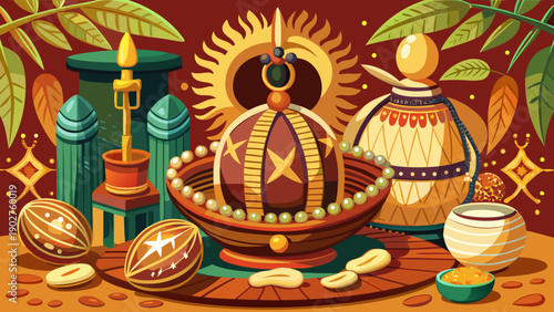 Very beautiful close-up of ritual objects used during a Voodoo ceremony in Ouidah, featuring cowrie shells and sacred beads representing spiritual tradition and cultural symbolism.