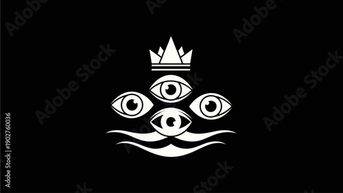 Mysterious Crowned Eyes Emblem Graphic. Abstract Occult Symbolism on Black. All-Seeing Eye Design Element.