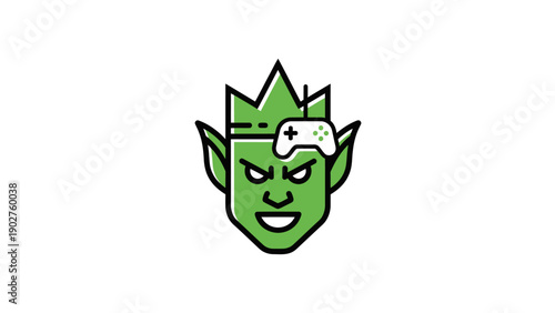 Green Goblin Gamer Mascot Illustration with Crown and Game Controller Icon, E-sports Gaming Character Design