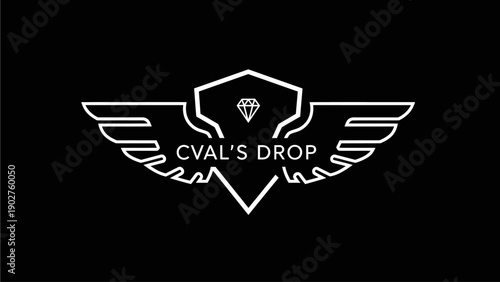 Modern graphic logo with a white line art shield, diamond, and elegant wings on a black background, vector design element