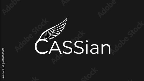 Abstract white stylized wing graphic above generic typography on a dark black background, representing a modern emblem design.