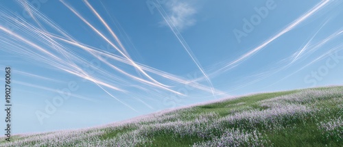 Tranquil meadow under blue sky with streaked clouds