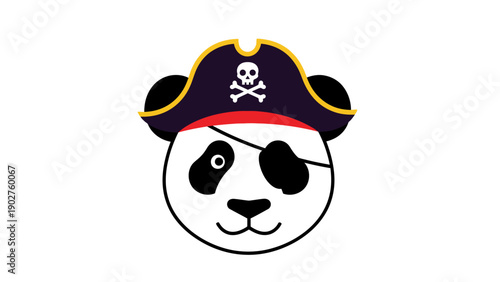 Cute Cartoon Panda Bear Pirate Head with Eye Patch and Tricorne Hat Illustration. Adorable Animal Character Vector Graphic Isolated on White.