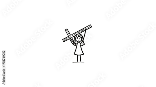 Hand-drawn stick figure holding a Christian cross above her head. Doodle icon representing faith, spirituality, religion, and worship.
