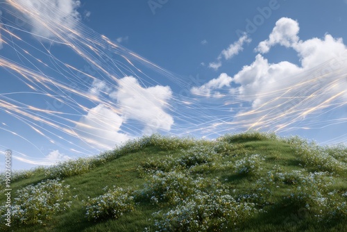 Sunny meadow with wildflowers and streaks of light under blue sky