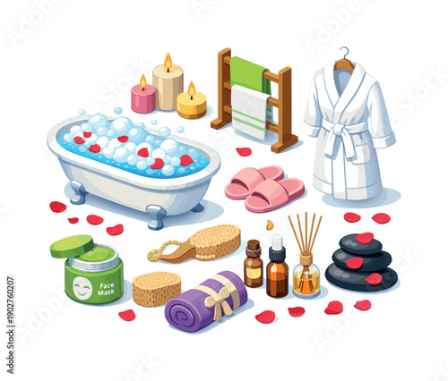 Bathtub, Candles, Robe, Towels, Stones, Oils, Face Mask, Slippers