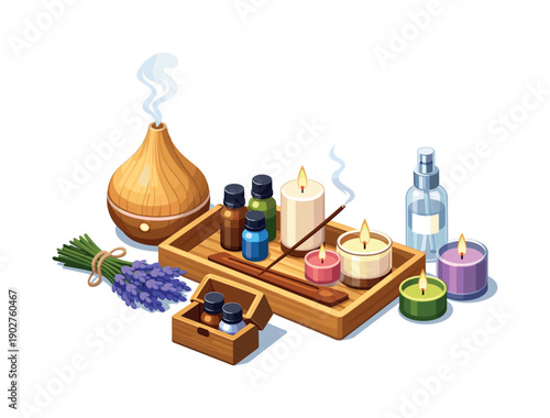 Aromatherapy and Relaxation Icon Set in Flat Style. Includes Diffuser, Candles, Essential Oils, and Incense.