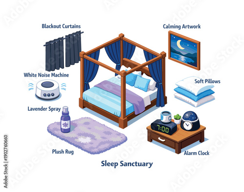 Sleep Sanctuary isometric icon set. Featuring bed, soft pillows, blackout curtains, lavender spray, and more