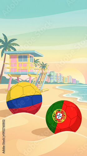 Colombia and Portugal soccer balls on a colorful Miami beach with a lifeguard tower at sunset.