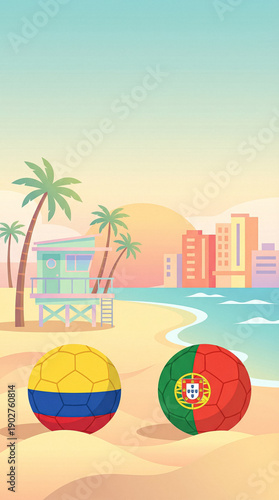 Colombia and Portugal soccer balls on a colorful Miami beach with a lifeguard tower at sunset.