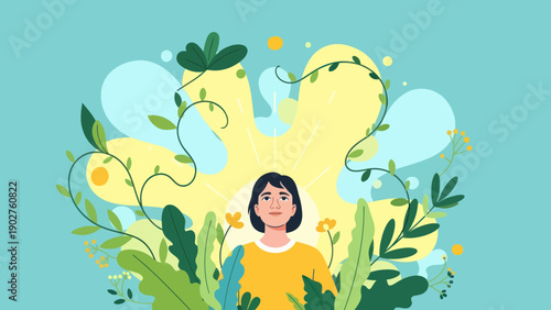 Woman Surrounded by Leaves and Flowers.