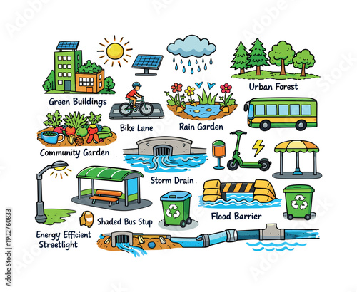 Eco-Friendly City Flat Icon Set. Green buildings, bike lane, urban forest, shaded bus stop, storm drain, recycling