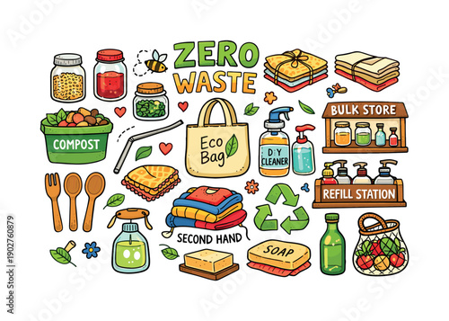 Zero Waste and Eco-Friendly Lifestyle Flat Icon Set. Eco bag, compost, recycle, DIY cleaner, soap, bulk store