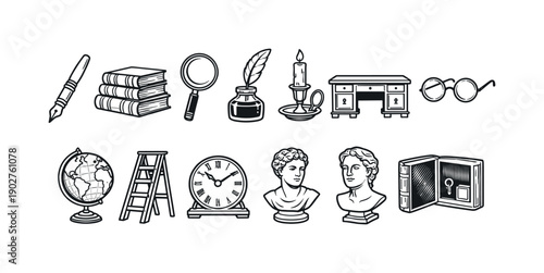 Vintage Objects Linear Icon Set. Featuring pen, books, magnifying glass, inkwell, candle, desk, glasses, globe, ladder, clock, bust, and book