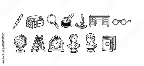 Pen, Books, Magnifying Glass, Candle, Desk, Glasses, Globe, Ladder, Clock, Busts