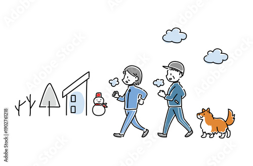 冬にウォーキングをする老夫婦と犬のベクターイラスト