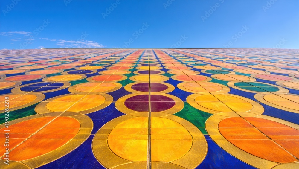 Fototapeta premium Vibrant Abstract Circular Tile Pattern Against Blue Sky