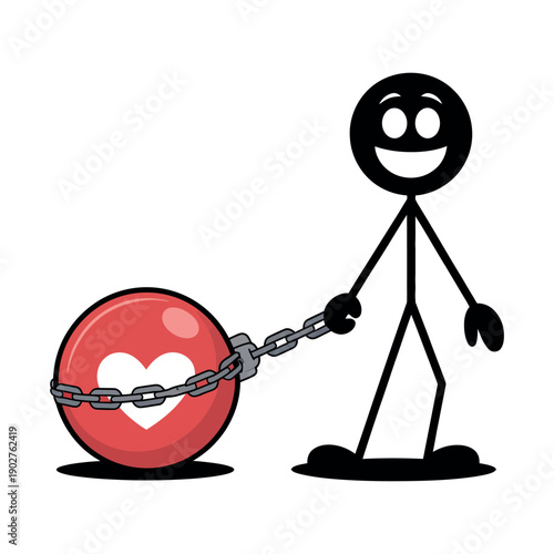 A stick figure man happily tied to a heart shaped ball and chain on a white background