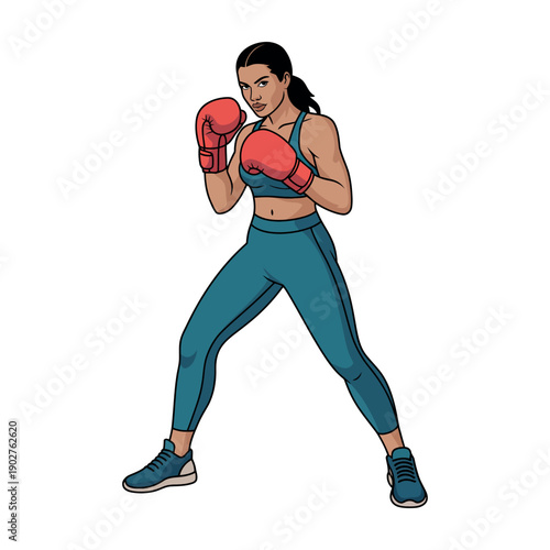 A determined woman wearing boxing gloves and athletic wear prepares to throw a punch in a fighting stance.