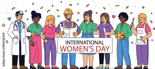 A happy cartoon illustration of a diverse team and family group, including children and school friends, holding a banner together to celebrate a fun concept of teamwork and friendship