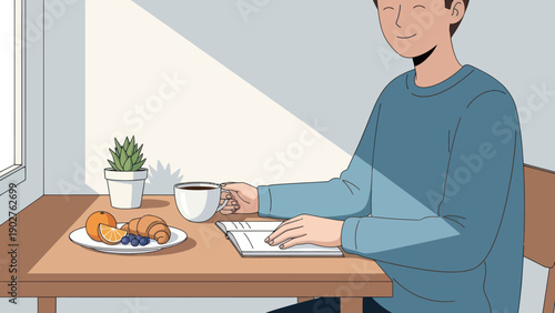 Man Sitting at Table Using Laptop.