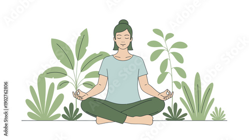 Woman Meditating in Lotus Position with Plants.