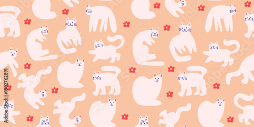 vector seamless pattern with cute cats with flowers in warm colors, childrens pattern
