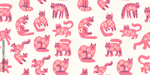 vector seamless pattern with cute cats with flowers in warm colors, childrens pattern