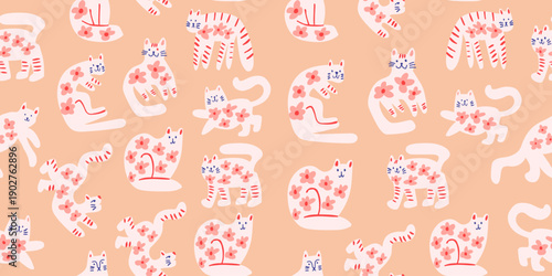 vector seamless pattern with cute cats with flowers in warm colors, childrens pattern