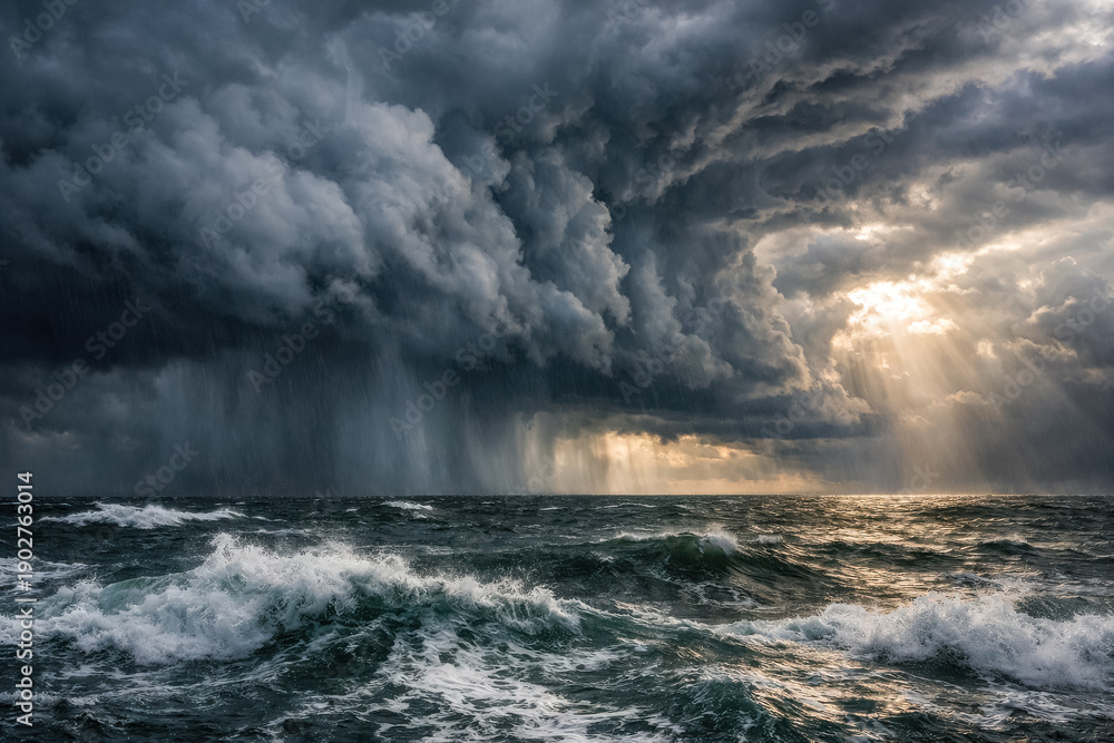 Obraz premium Stormy ocean with crashing waves under dark thunderclouds and sun rays breaking through, dramatic seascape and extreme weather, generative AI