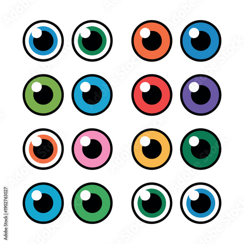 A collection of cartoon eyes in various colors and designs on a white background