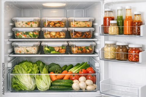 Open refrigerator filled with meal prep containers, fresh vegetables and homemade sauces, healthy meal planning and food storage organization, generative AI