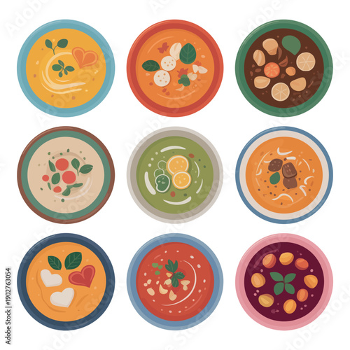 A colorful illustration of various bowls of soup on a white background for food and nutrition concepts