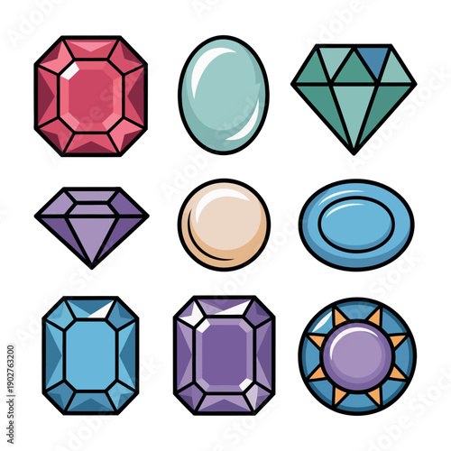 A colorful illustration of various precious gemstones on a white background