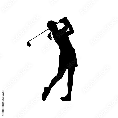 Silhouette of a female golfer swinging a golf club on transparent background