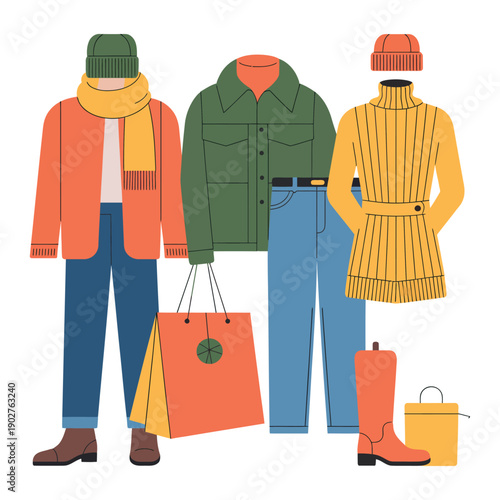 A colorful illustration of fashionable clothing and accessories for men and women