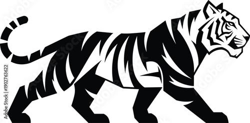 Majestic Bengal tiger silhouette featuring powerful wild cat in walking pose isolated on white background for wildlife nature and exotic animal design
