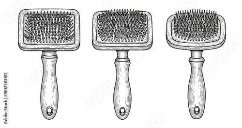 Set of vintage dog brushes with wooden handles in black and white sketch style