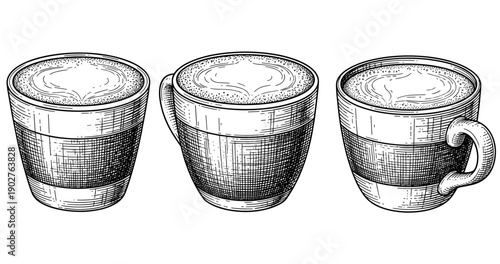 Hand-drawn coffee cups trio with espresso art in black and white