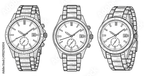 Vintage style black and white sketch of classic wristwatches with metal straps