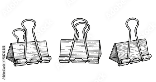 Vintage style illustration of three metal binder clips with handles