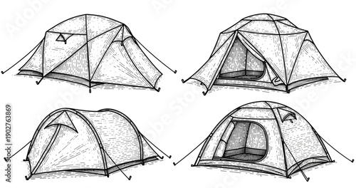 Four hand-drawn camping tents: classic designs and structures illustrated