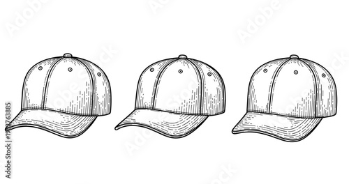 Set of three illustrated baseball caps with detailed shading