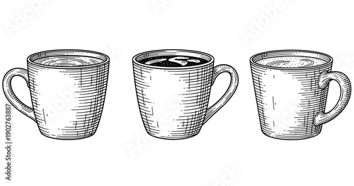 Set of three sketched coffee mugs with detailed line art style